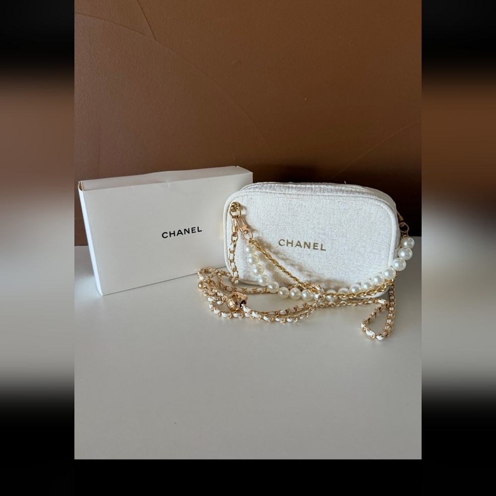 Chanel Cream Trio Mini Bag with Pearl Chain Boxed  Plus Perfume Samples Etc